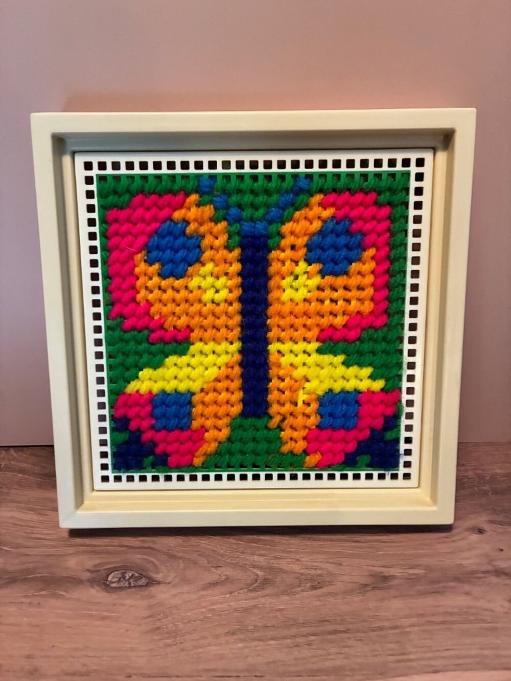 Vintage 1981 Fisher-Price Needlepoint Butterfly Framed Art Plastic Canvas Decor